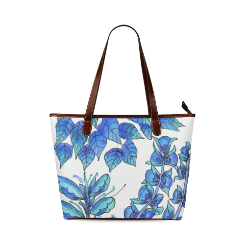 Pretty Blue Flowers, Aqua Garden Zendoodle Shoulder Tote Bag (Model 1646)