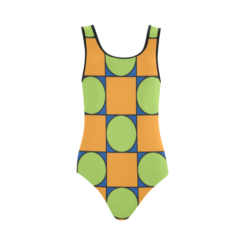 Green and Orange Geometric Pattern Vest One Piece Swimsuit (Model S04)