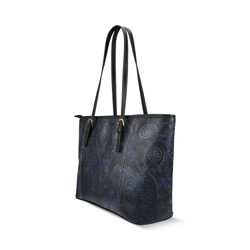 Ornamental - blue on gray Leather Tote Bag/Small (Model 1640)
