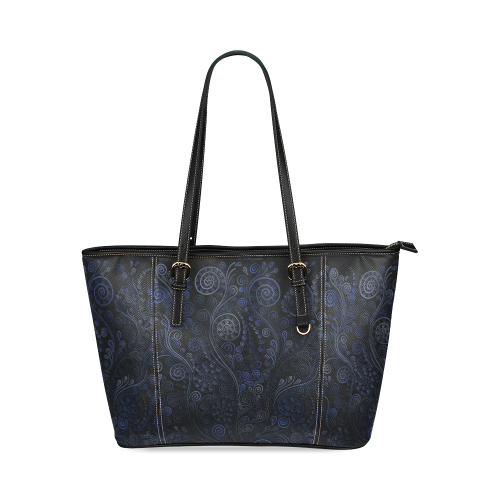 Ornamental blue on gray Leather Tote Bag/Large (Model 1640)