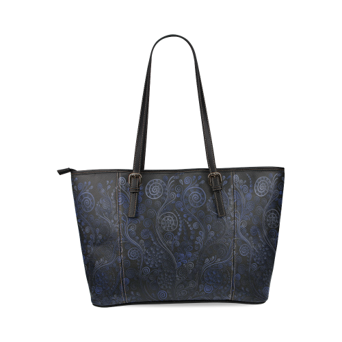 Ornamental blue on gray Leather Tote Bag/Large (Model 1640)