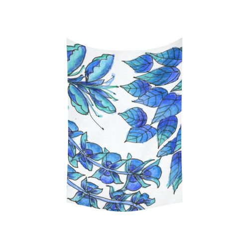Pretty Blue Flowers, Aqua Garden Zendoodle Cotton Linen Wall Tapestry 60"x 40"