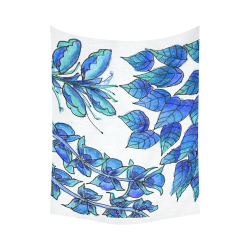 Pretty Blue Flowers, Aqua Garden Zendoodle Cotton Linen Wall Tapestry 80"x 60"