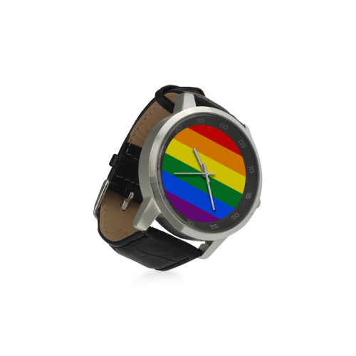 Gay Pride Rainbow Flag Stripes Unisex Stainless Steel Leather Strap Watch(Model 202)