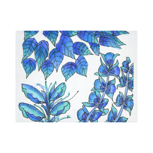 Pretty Blue Flowers, Aqua Garden Zendoodle Cotton Linen Wall Tapestry 80"x 60"