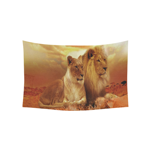Lion Couple Sunset Fantasy Cotton Linen Wall Tapestry 60"x 40"