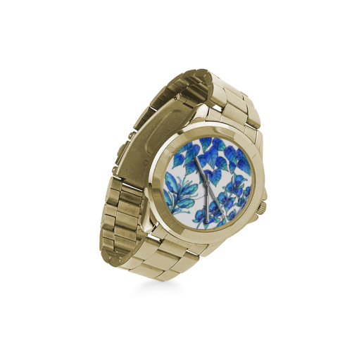 Pretty Blue Flowers, Aqua Garden Zendoodle Custom Gilt Watch(Model 101)