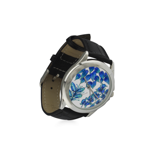 Pretty Blue Flowers, Aqua Garden Zendoodle Women's Classic Leather Strap Watch(Model 203)