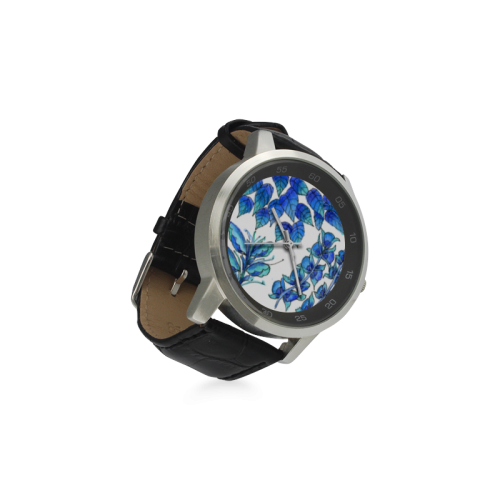 Pretty Blue Flowers, Aqua Garden Zendoodle Unisex Stainless Steel Leather Strap Watch(Model 202)