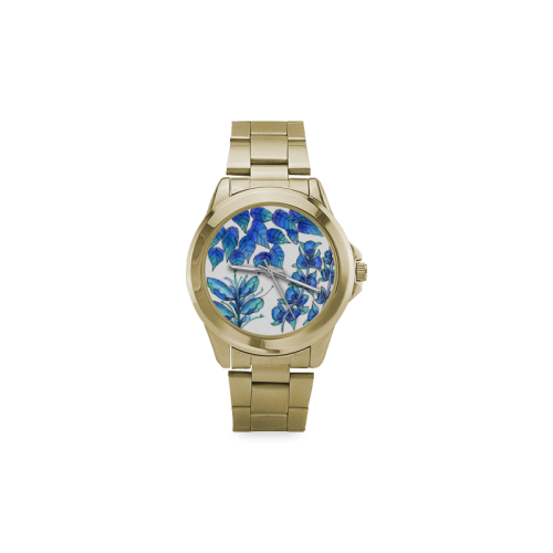 Pretty Blue Flowers, Aqua Garden Zendoodle Custom Gilt Watch(Model 101)