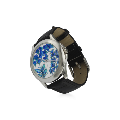 Pretty Blue Flowers, Aqua Garden Zendoodle Women's Classic Leather Strap Watch(Model 203)