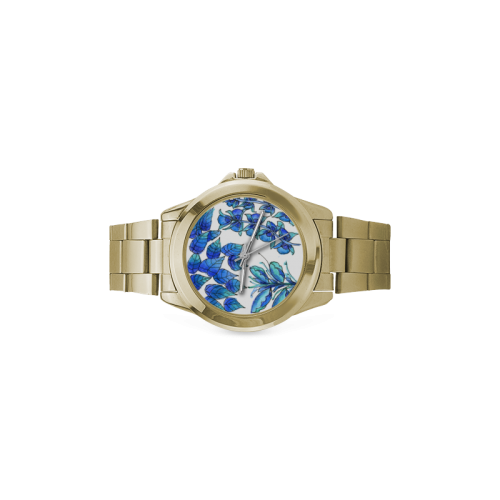 Pretty Blue Flowers, Aqua Garden Zendoodle Custom Gilt Watch(Model 101)