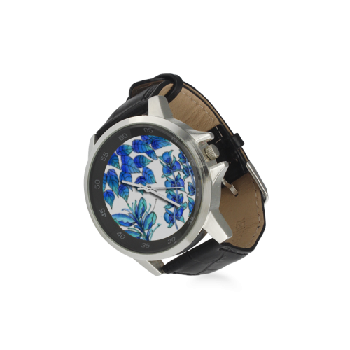 Pretty Blue Flowers, Aqua Garden Zendoodle Unisex Stainless Steel Leather Strap Watch(Model 202)