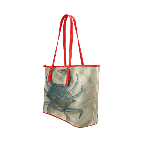 Blue Crab Tote Leather Tote Bag/Small (Model 1651)