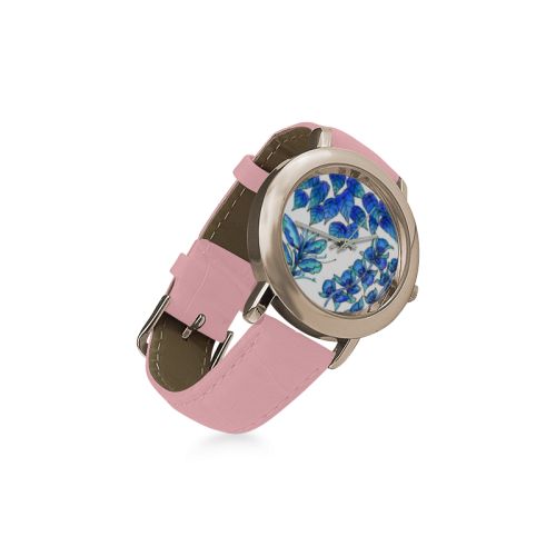 Pretty Blue Flowers, Aqua Garden Zendoodle Women's Rose Gold Leather Strap Watch(Model 201)