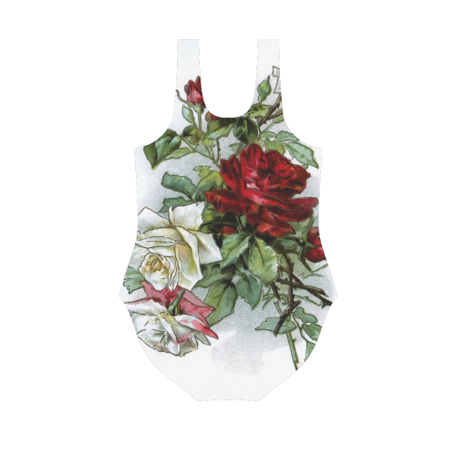 Vintage Roses Red White Floral Vest One Piece Swimsuit (Model S04)