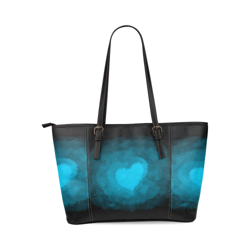 Blue Fluffy Heart Leather Tote Bag/Small (Model 1640)