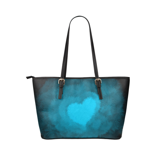 Blue Fluffy Heart Leather Tote Bag/Small (Model 1651)
