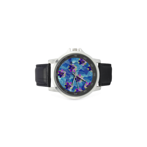 Purple Flowers Unisex Stainless Steel Leather Strap Watch(Model 202)