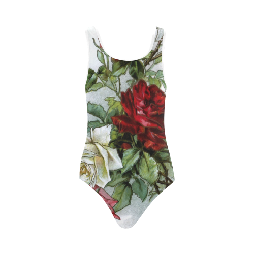 Vintage Roses Red White Floral Vest One Piece Swimsuit (Model S04)