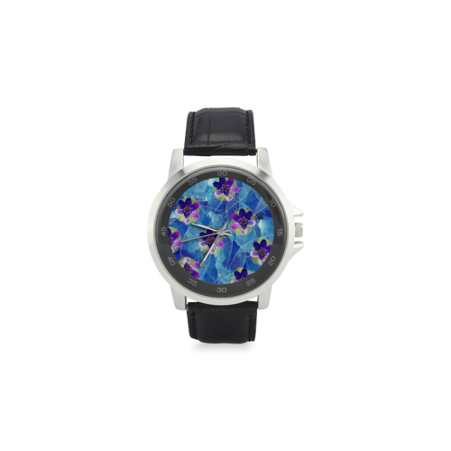 Purple Flowers Unisex Stainless Steel Leather Strap Watch(Model 202)