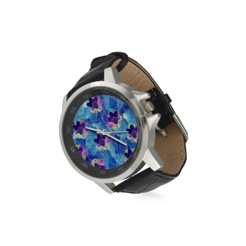 Purple Flowers Unisex Stainless Steel Leather Strap Watch(Model 202)