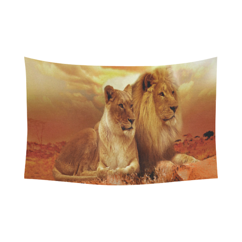 Lion Couple Sunset Fantasy Cotton Linen Wall Tapestry 90"x 60"