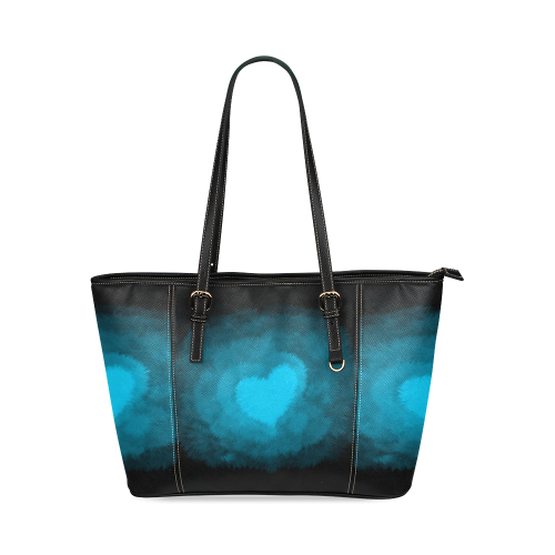 Blue Fluffy Heart Leather Tote Bag/Small (Model 1640)