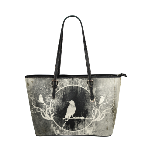 The crow with flowers, vintage design Leather Tote Bag/Small (Model 1651)