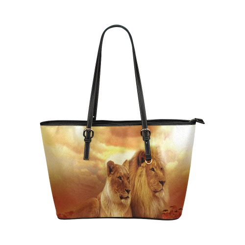 Lion Couple Sunset Fantasy Leather Tote Bag/Small (Model 1651)