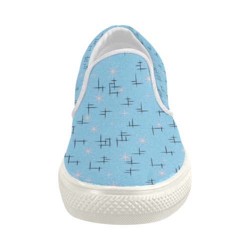 Atomic Age Lines and Pink Stars on Baby Blue Women's Slip-on Canvas Shoes (Model 019)
