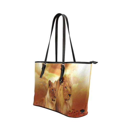 Lion Couple Sunset Fantasy Leather Tote Bag/Small (Model 1651)