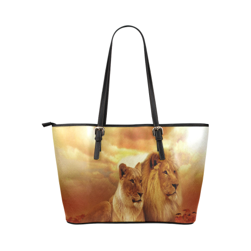 Lion Couple Sunset Fantasy Leather Tote Bag/Small (Model 1651)