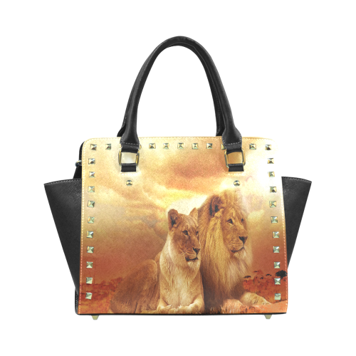 Lion Couple Sunset Fantasy Rivet Shoulder Handbag (Model 1645)