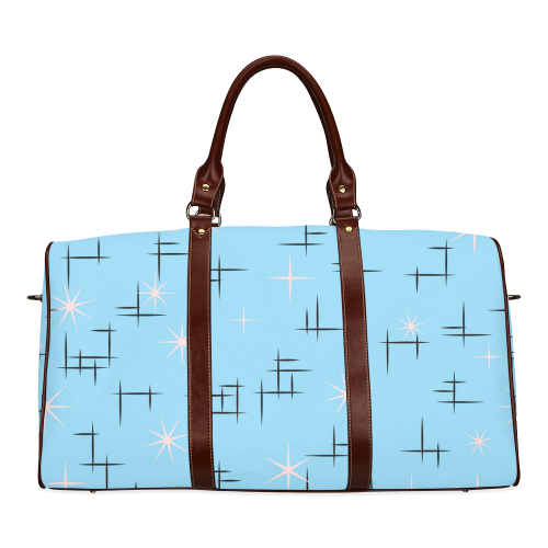 Abstract Lines and Pink Stars on Baby Blue Retro Waterproof Travel Bag/Large (Model 1639)