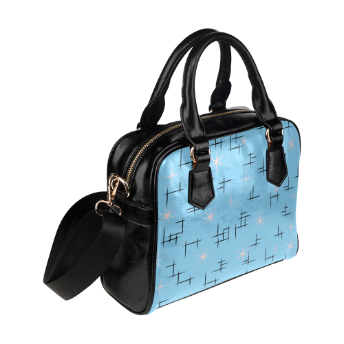 Pink Stars and Abstract Pattern on Black and Blue Shoulder Handbag (Model 1634)