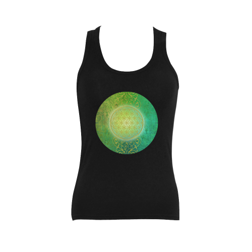 Symbol FLOWER OF LIFE vintage gold green Women's Shoulder-Free Tank Top (Model T35)