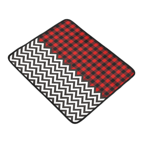 HIPSTER zigzag chevron pattern black & white + LUMBERJACK Plaid pattern red black Beach Mat 78"x 60"