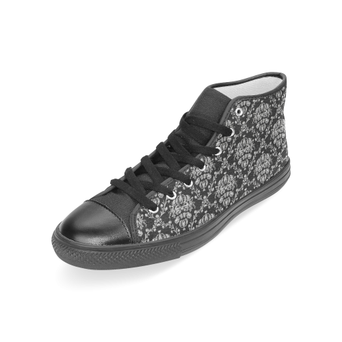 Black and Silver Damask Women's Classic High Top Canvas Shoes (Model 017)