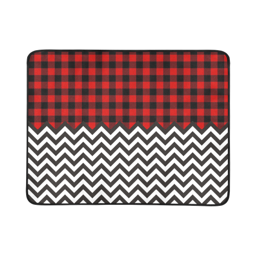 HIPSTER zigzag chevron pattern black & white + LUMBERJACK Plaid pattern red black Beach Mat 78"x 60"