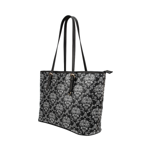 Elegant black and silver damask Leather Tote Bag/Small (Model 1651)