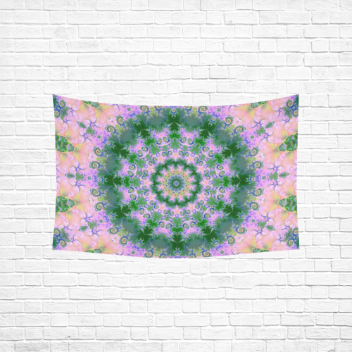Rose Pink Green Explosion of Flowers Mandala Cotton Linen Wall Tapestry 60"x 40"