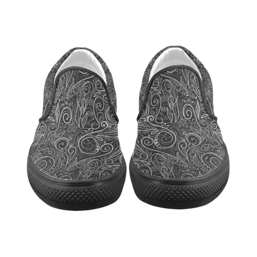 A elegant floral damasks in  silver and black Women's Unusual Slip-on Canvas Shoes (Model 019)
