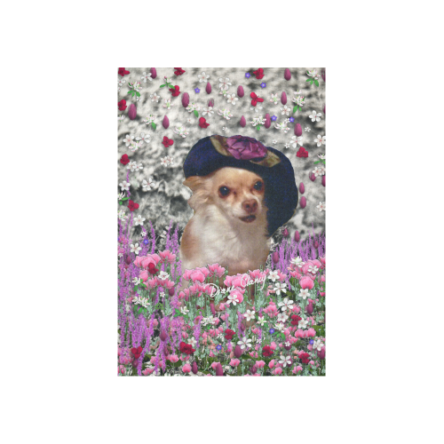 Chi Chi in Pink White Flowers, Chihuahua Puppy Dog Cotton Linen Wall Tapestry 40"x 60"