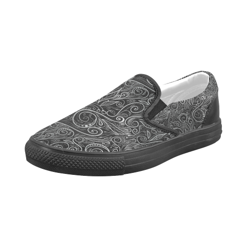 A elegant floral damasks in  silver and black Men's Slip-on Canvas Shoes (Model 019)