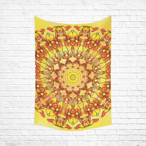 Orange Yellow Sunflower Mandala Red Zendoodle Cotton Linen Wall Tapestry 60"x 90"