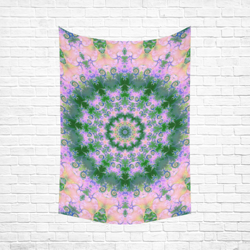 Rose Pink Green Explosion of Flowers Mandala Cotton Linen Wall Tapestry 60"x 90"