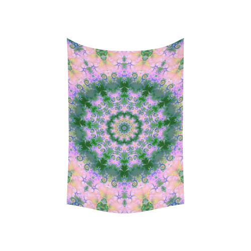 Rose Pink Green Explosion of Flowers Mandala Cotton Linen Wall Tapestry 60"x 40"