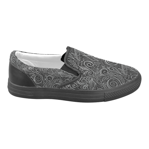A elegant floral damasks in  silver and black Women's Unusual Slip-on Canvas Shoes (Model 019)