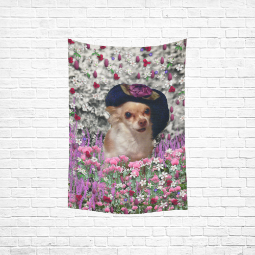 Chi Chi in Pink White Flowers, Chihuahua Puppy Dog Cotton Linen Wall Tapestry 40"x 60"